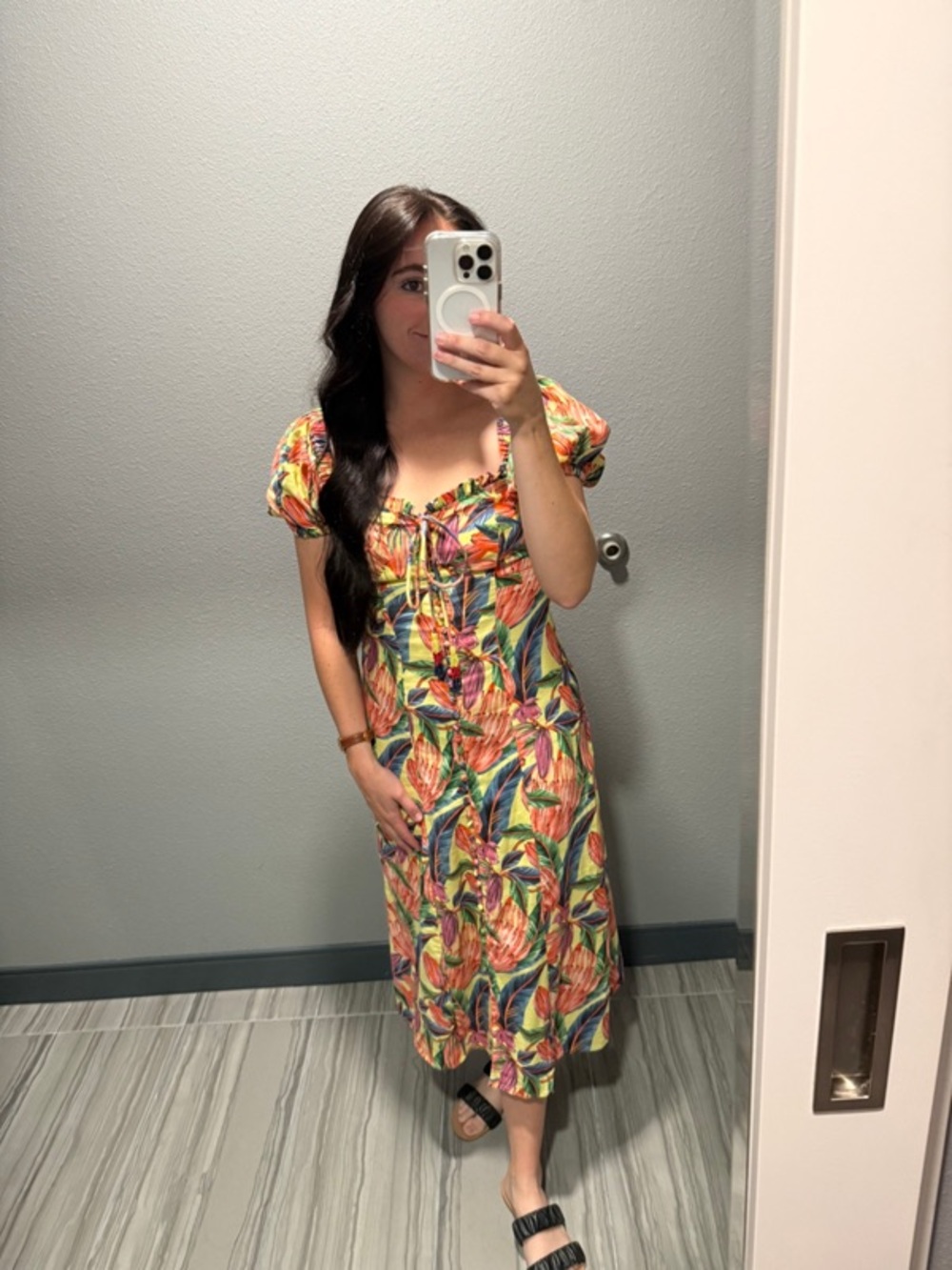 Farm Rio Anthropologie Puff Sleeve Sweetheart Linen Midi Dress Bananas XS